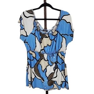 Cocomo Women's Geometric Blue Cream White Beautiful Cap Sleeve Blouse Size XL